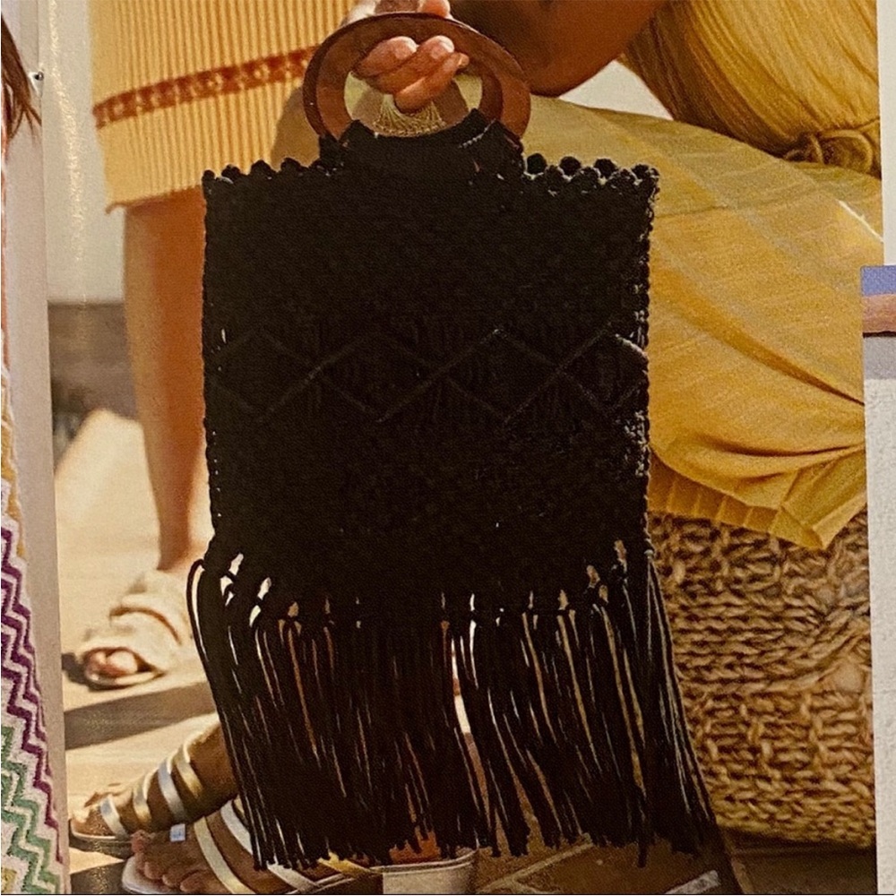 Danielle Nicole Macrame Handbag Black Fringe - image 5